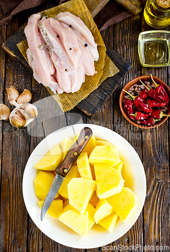 Image of raw potato and chicken on wooden table