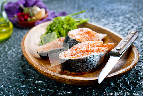 Image of Fresh raw salmon steak with spices. Healthy seafood food