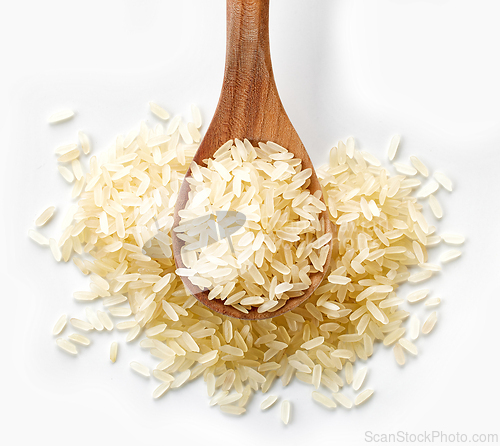 Image of raw rice in wooden spoon