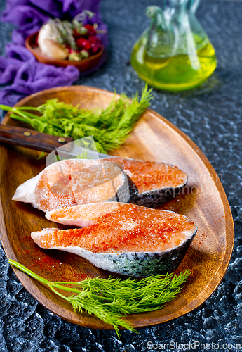 Image of Fresh raw salmon steak with spices. Healthy seafood food