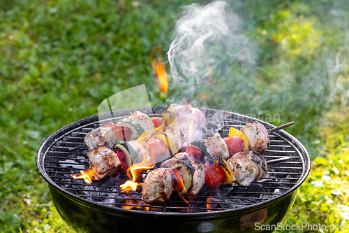 Image of chicken meat and vegetable skewers