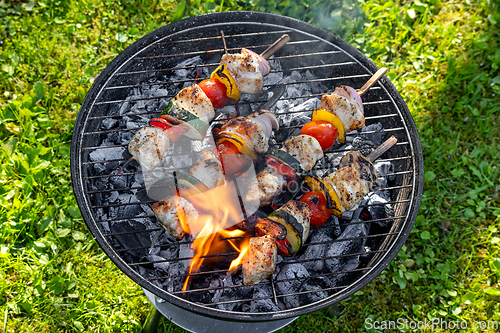 Image of chicken meat and vegetable skewers