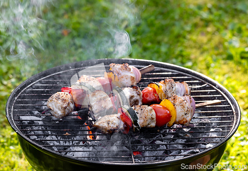 Image of chicken meat and vegetable skewers