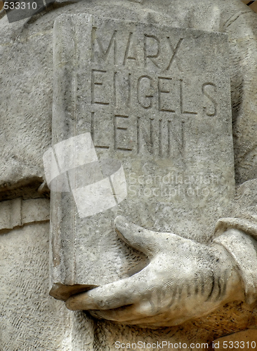 Image of Statue close up on a book cover with Stalin name removed