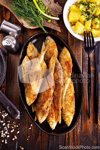 Image of Plate of fried fish, fried fish and potato