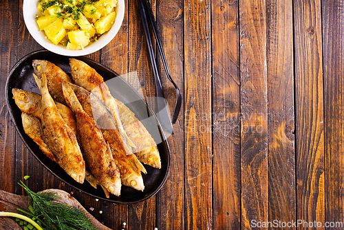 Image of Plate of fried fish, fried fish and potato