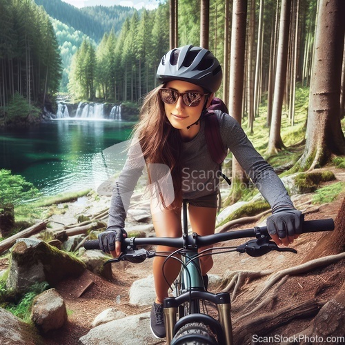 Image of young woman on a mountain bike on a nature trail