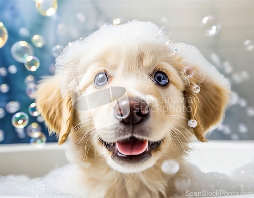 Image of puppy in bubble bath