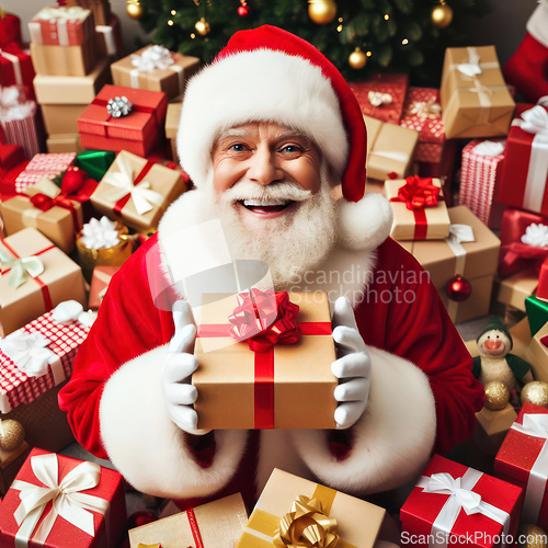 Image of santa claus is surrounded by gifts