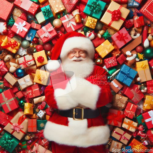 Image of santa claus is surrounded by gifts
