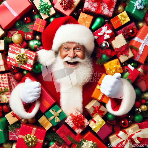 Image of santa claus is surrounded by gifts