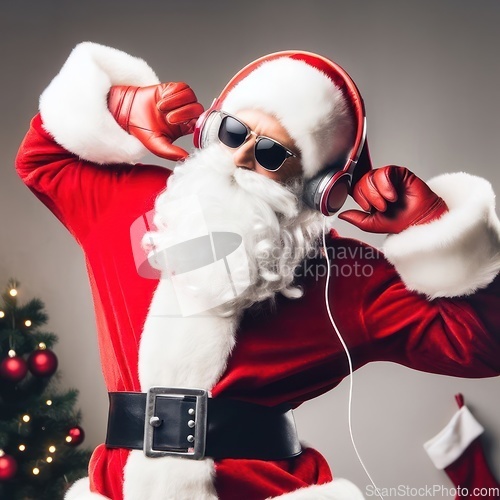 Image of santa with headphones and sunglasses dancing