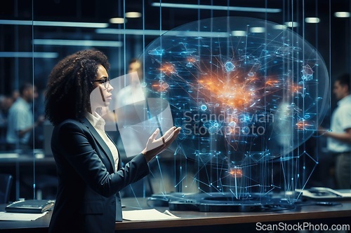 Image of Businesswoman Analyzing Futuristic Network Interface at Office
