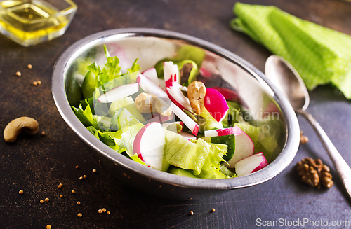 Image of A salad of fresh organic radish, cucumber with dill and green onions dressed with oil