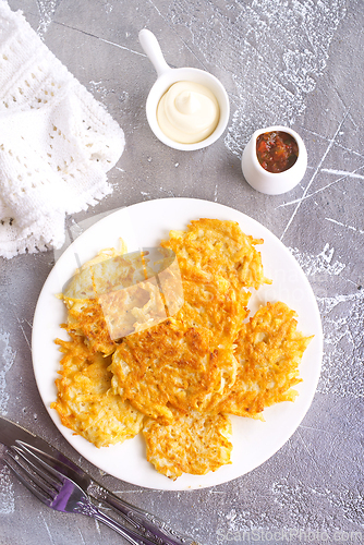 Image of Potato Pancakes on white plate, vegetable pancakes