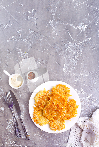 Image of Potato Pancakes on white plate, vegetable pancakes