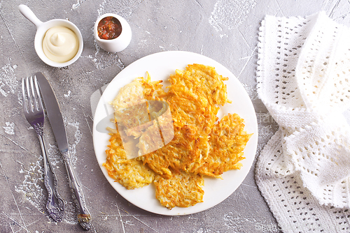 Image of Potato Pancakes on white plate, vegetable pancakes