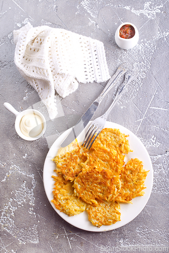 Image of Potato Pancakes on white plate, vegetable pancakes