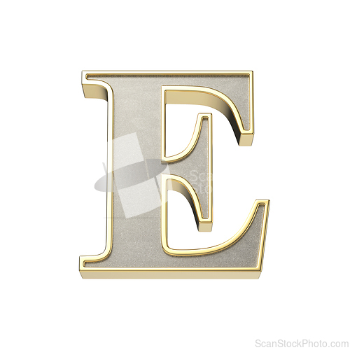 Image of Letter E in a metallic silver finish with a shiny golden frame