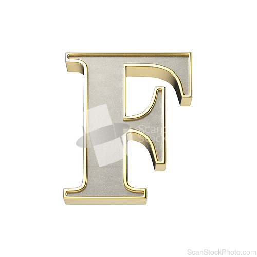Image of Letter F in a metallic silver finish with a shiny golden frame