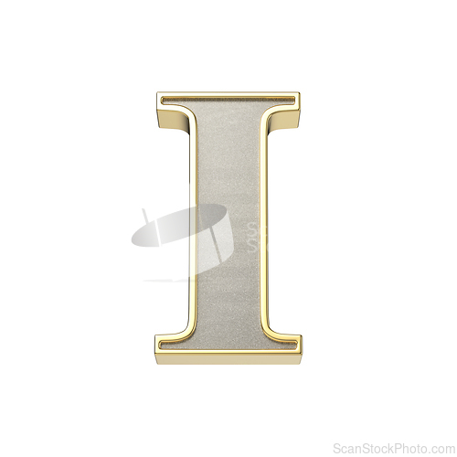 Image of Letter I in a metallic silver finish with a shiny golden frame