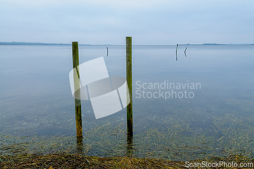 Image of Serenity unfolds over a calm lake with wooden posts rising from 
