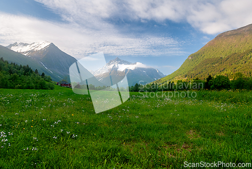 Image of Expansive green meadow under majestic mountains in Norway's brea