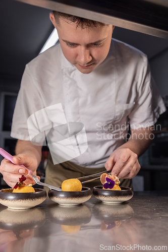Image of Professional chef garnishing small dishes