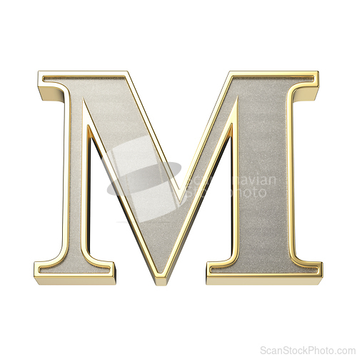 Image of Letter M in a metallic silver finish with a shiny golden frame