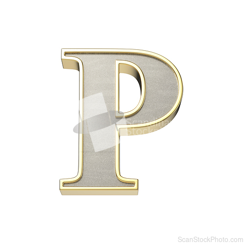 Image of Letter P in a metallic silver finish with a shiny golden frame