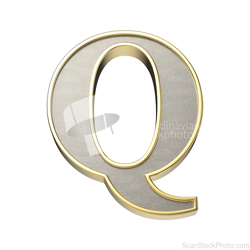 Image of Letter Q in a metallic silver finish with a shiny golden frame