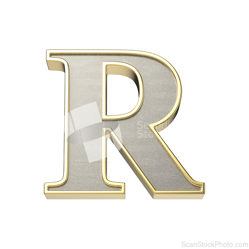 Image of Letter R in a metallic silver finish with a shiny golden frame