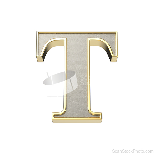 Image of Letter T in a metallic silver finish with a shiny golden frame