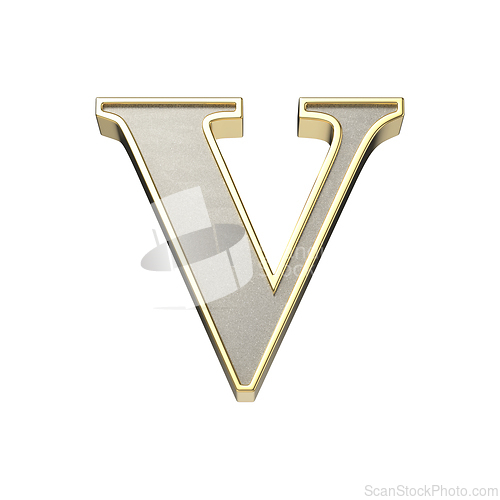 Image of Letter V in a metallic silver finish with a shiny golden frame