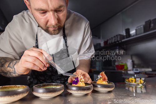 Image of Professional chef garnishing small appetizers