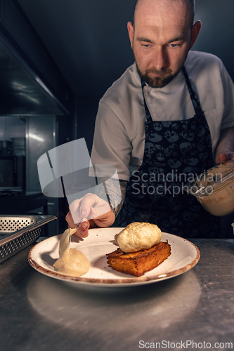 Image of Skilled chef meticulously plates a dish