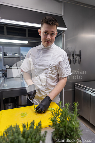 Image of Chef skillfully slicing celery