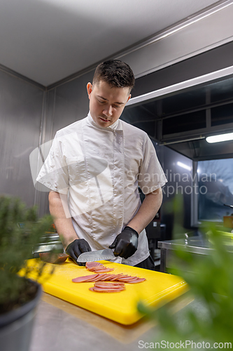 Image of Young chef slicing fresh tuna