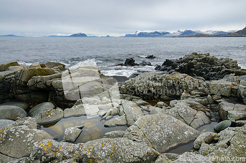 Image of Rocky coastline with tidal pools and distant snow-capped mountai