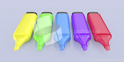 Image of Row of five different colored fluorescent pens