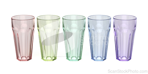 Image of Row of five colorful hexagonal glasses