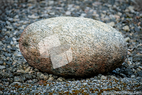 Image of Large smooth rock surrounded by small gravel in outdoor setting 