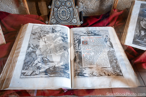Image of Old bible book in Sant Jaume cathedral, Church, Alcudia, Mallorca