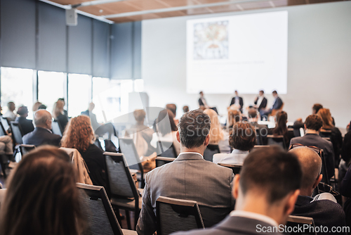 Image of Interview and round table discussion at business convention and presentation. Audience at the conference hall. Business and entrepreneurship symposium