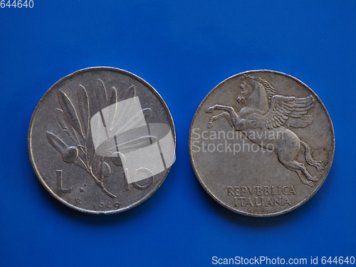 Image of 10 liras coin, Italy over blue