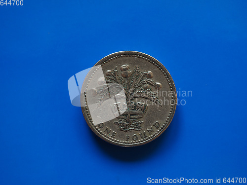 Image of One Pound (GBP) coin, United Kingdom (UK) over blue