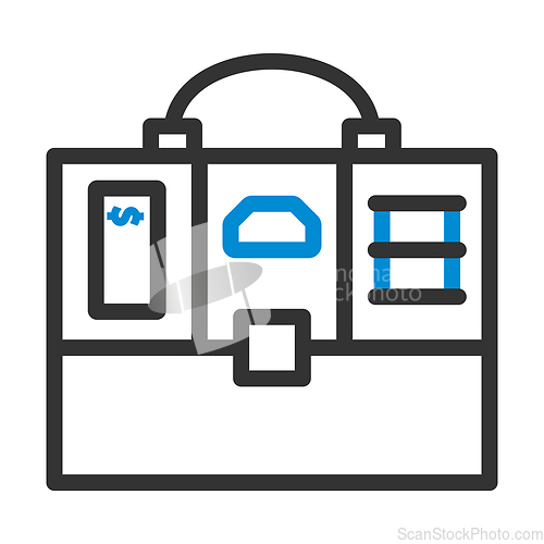Image of Oil, Dollar And Gold Dividing Briefcase Concept Icon