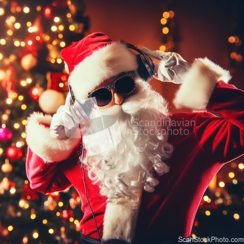 Image of santa with headphones and sunglasses dancing