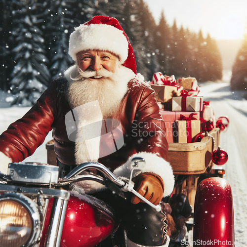 Image of happy santa claus on a red motorbike