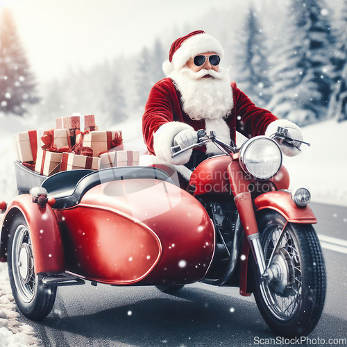 Image of happy santa claus on a red motorbike